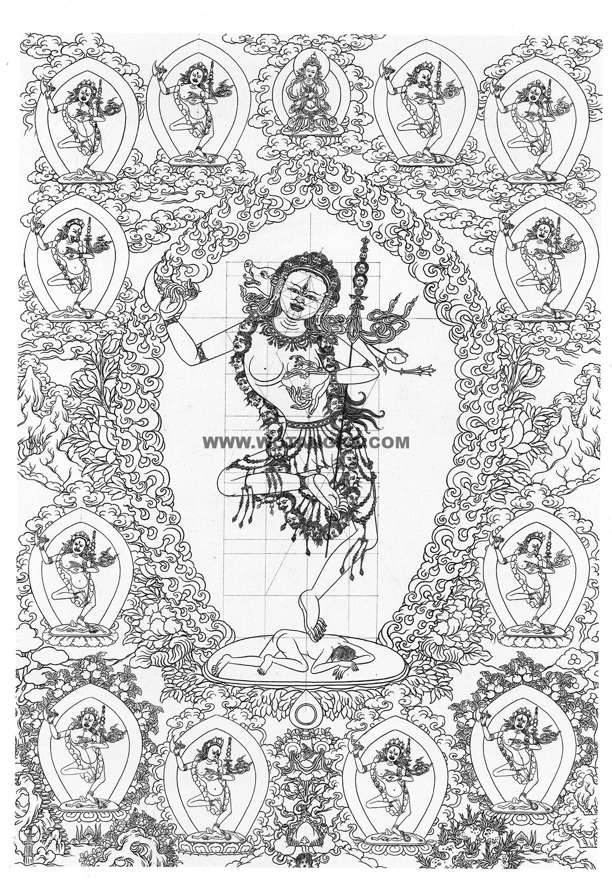 沃唐卡-唐卡白描线稿编号RD84603：红金刚亥母