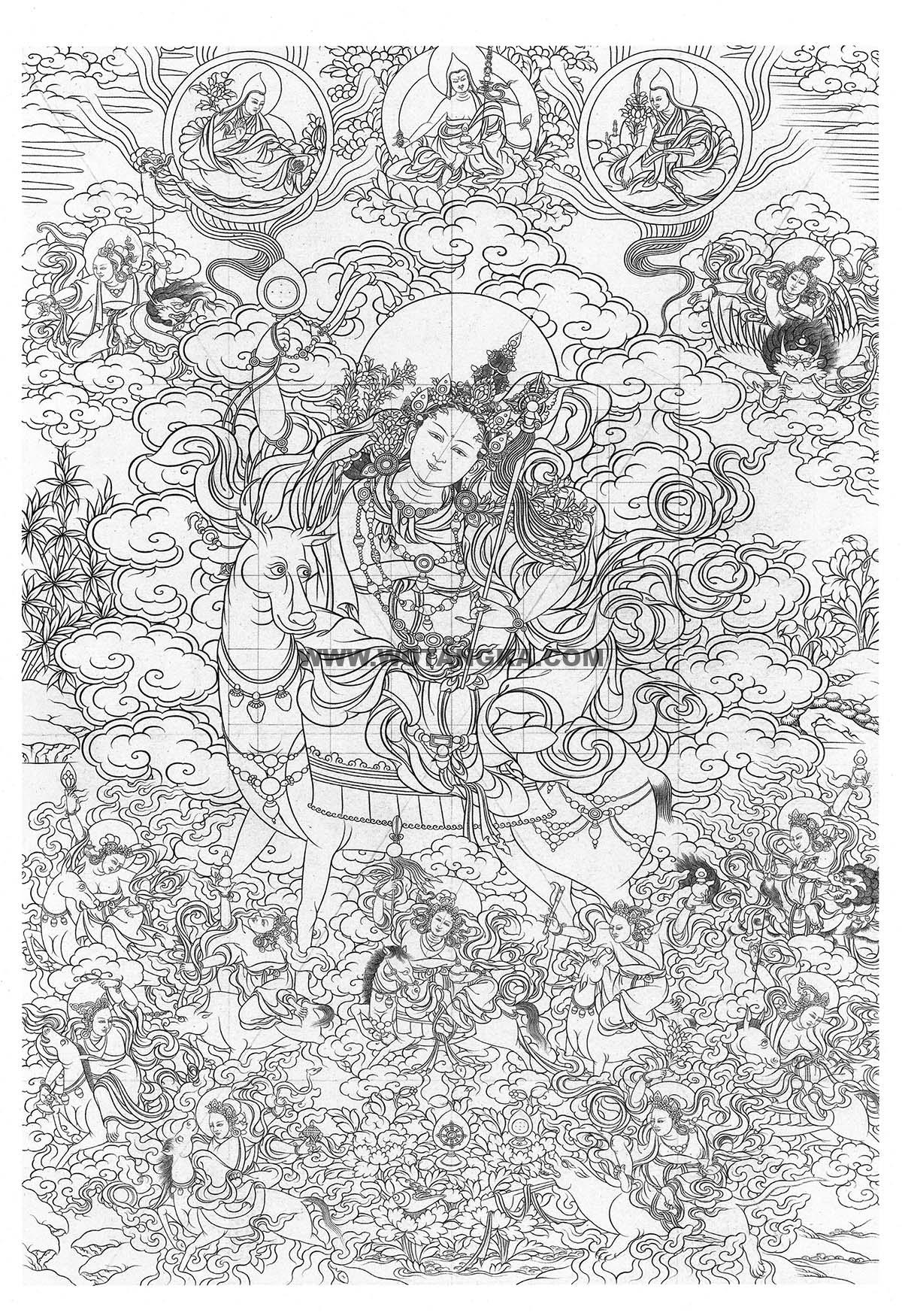 沃唐卡-唐卡白描线稿编号RD85400：永宁地母十二尊