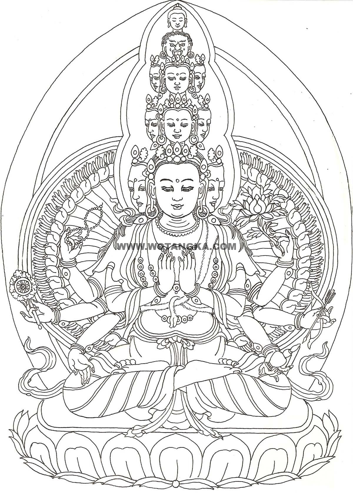 沃唐卡-唐卡白描线稿编号RD85724：噶当派·十一面八臂救度八难观音菩萨