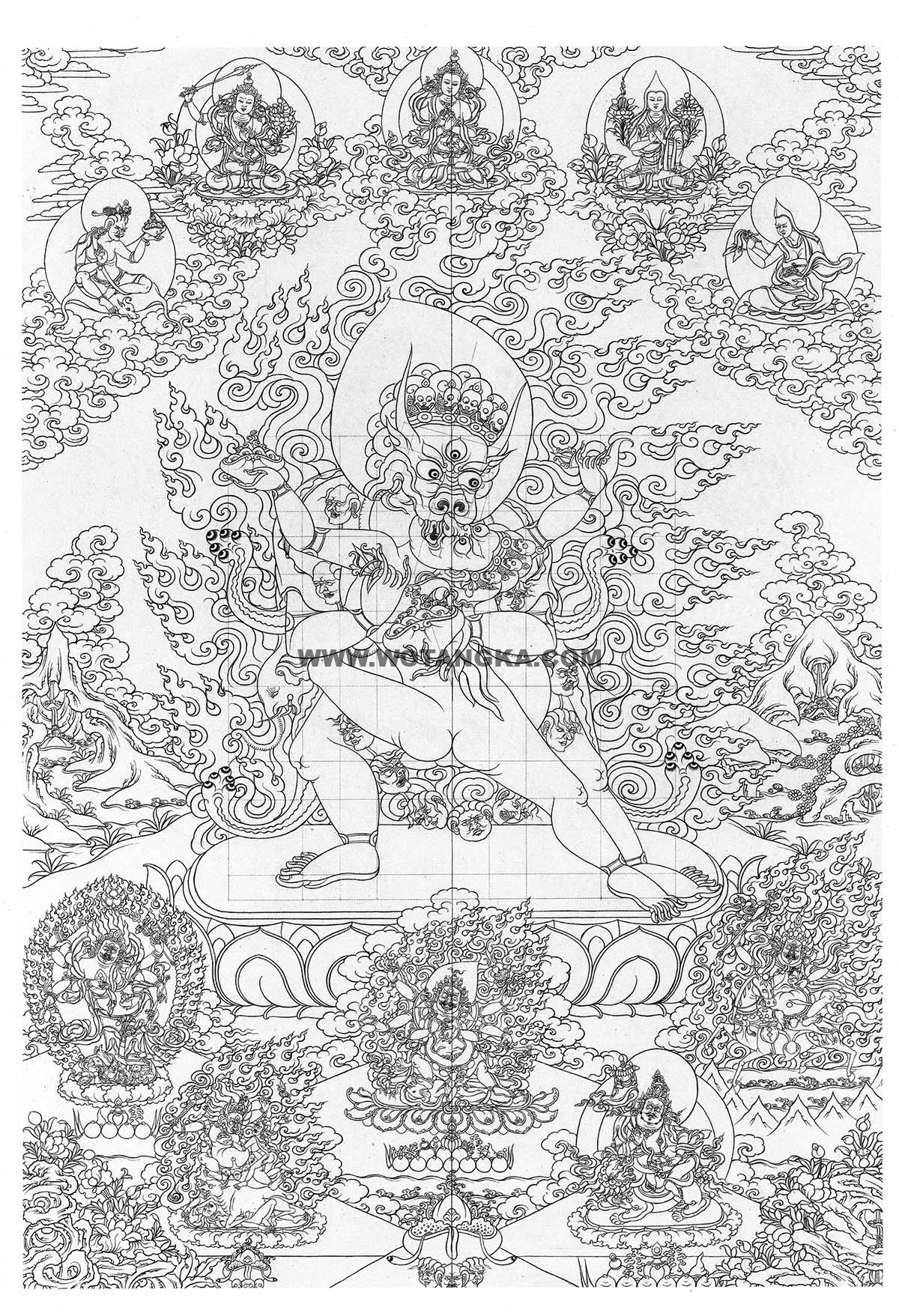 沃唐卡-唐卡白描线稿编号RD89861:大威德金刚双修