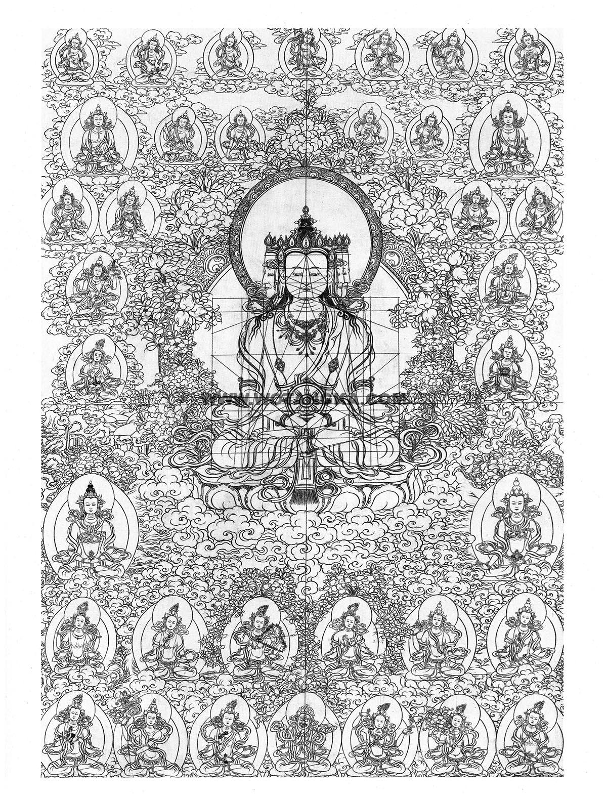 沃唐卡-唐卡白描线稿编号RD91394:四面大日如来