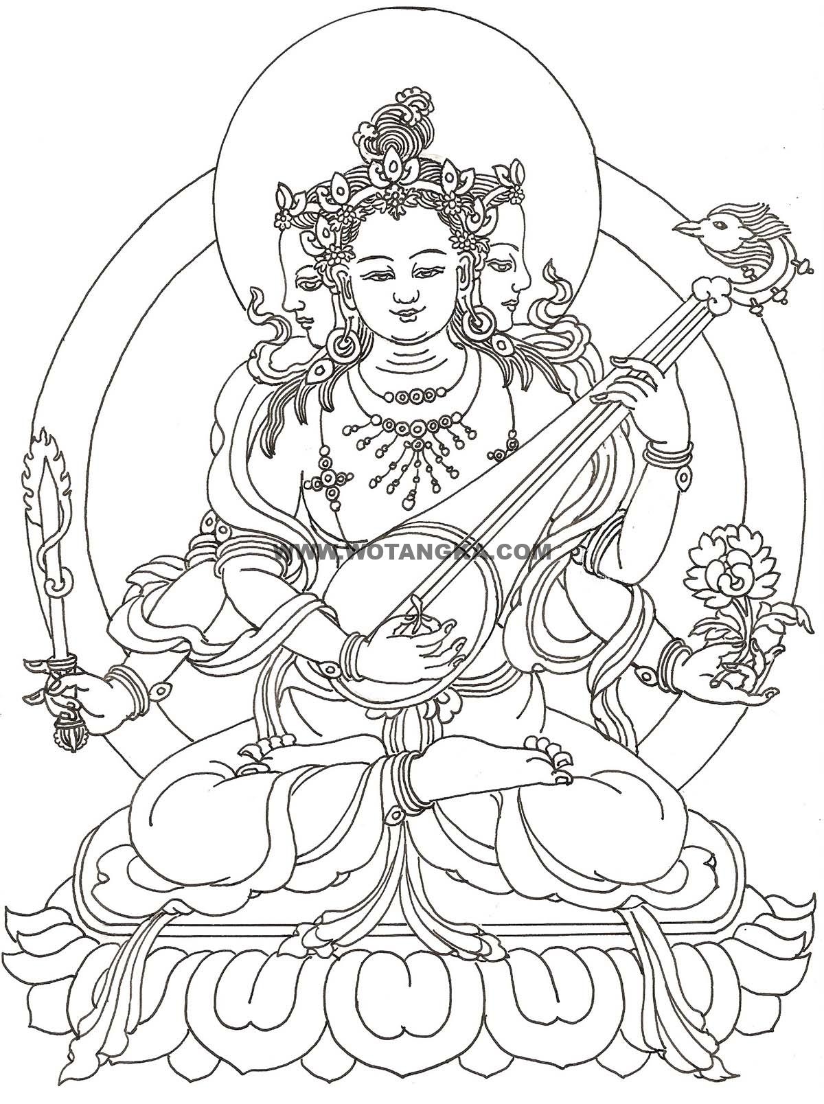 沃唐卡-唐卡白描线稿编号RD92380：四臂妙音天女