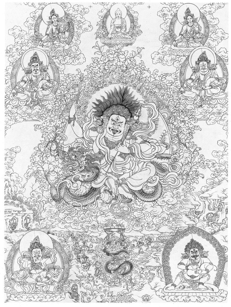沃唐卡-唐卡白描线稿编号RD92986：白财神·五方财神