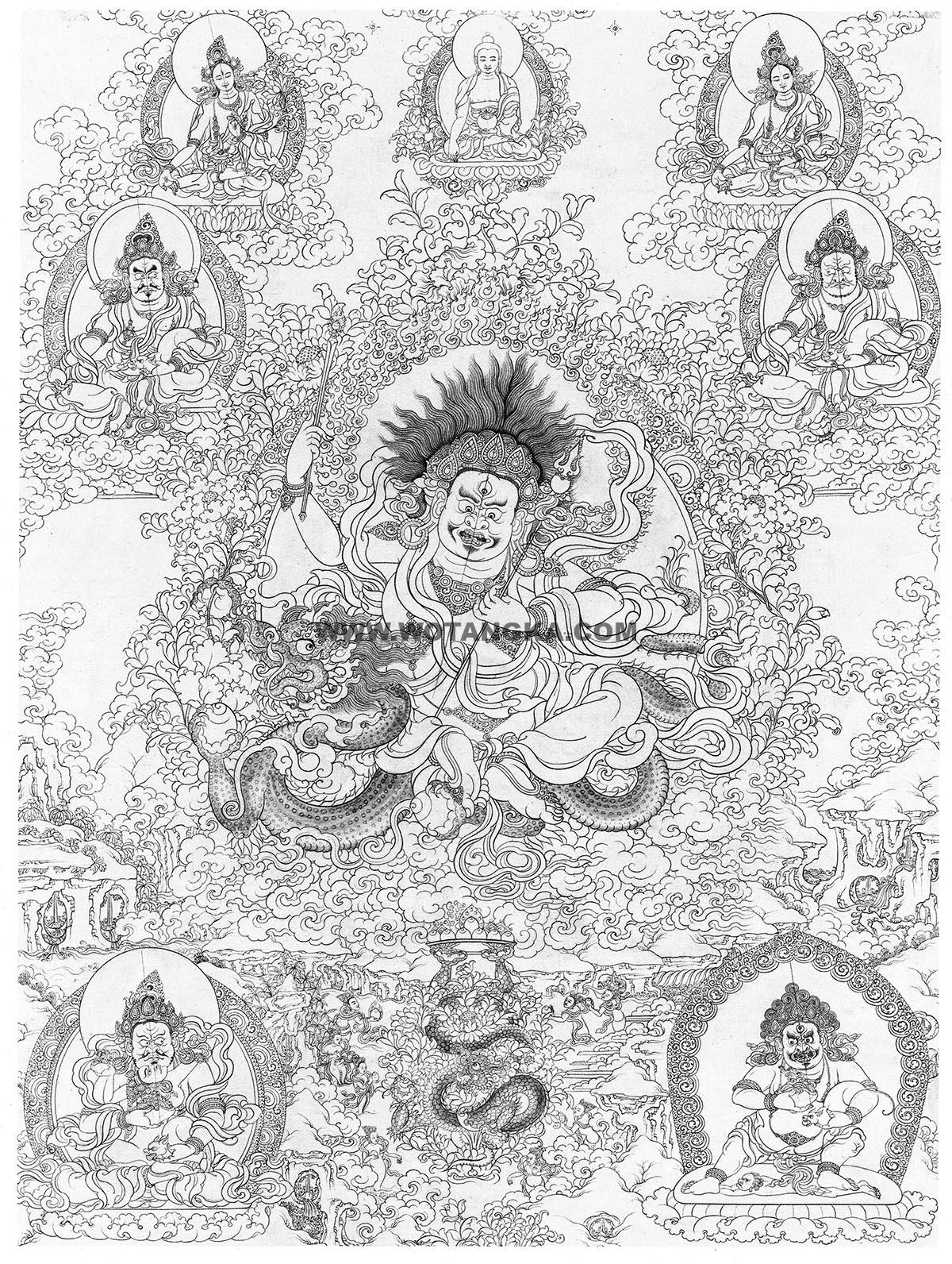 沃唐卡-唐卡白描线稿编号RD92986:白财神·五方财神