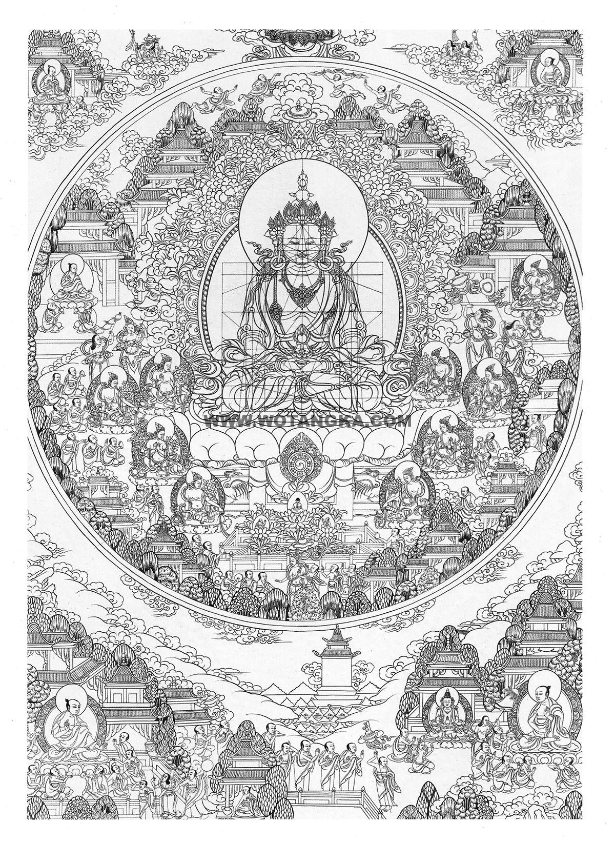 沃唐卡-唐卡白描线稿编号RD93704：长寿佛·天堂图