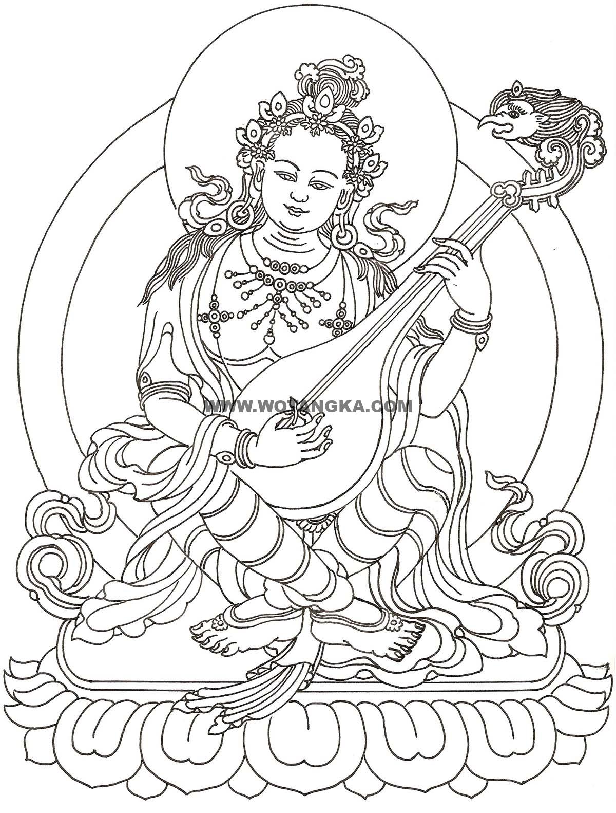 沃唐卡-唐卡白描线稿编号RD93853：妙音天女