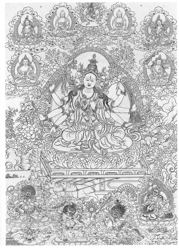 沃唐卡-唐卡白描线稿编号RD95283：光明佛母·摩利支天