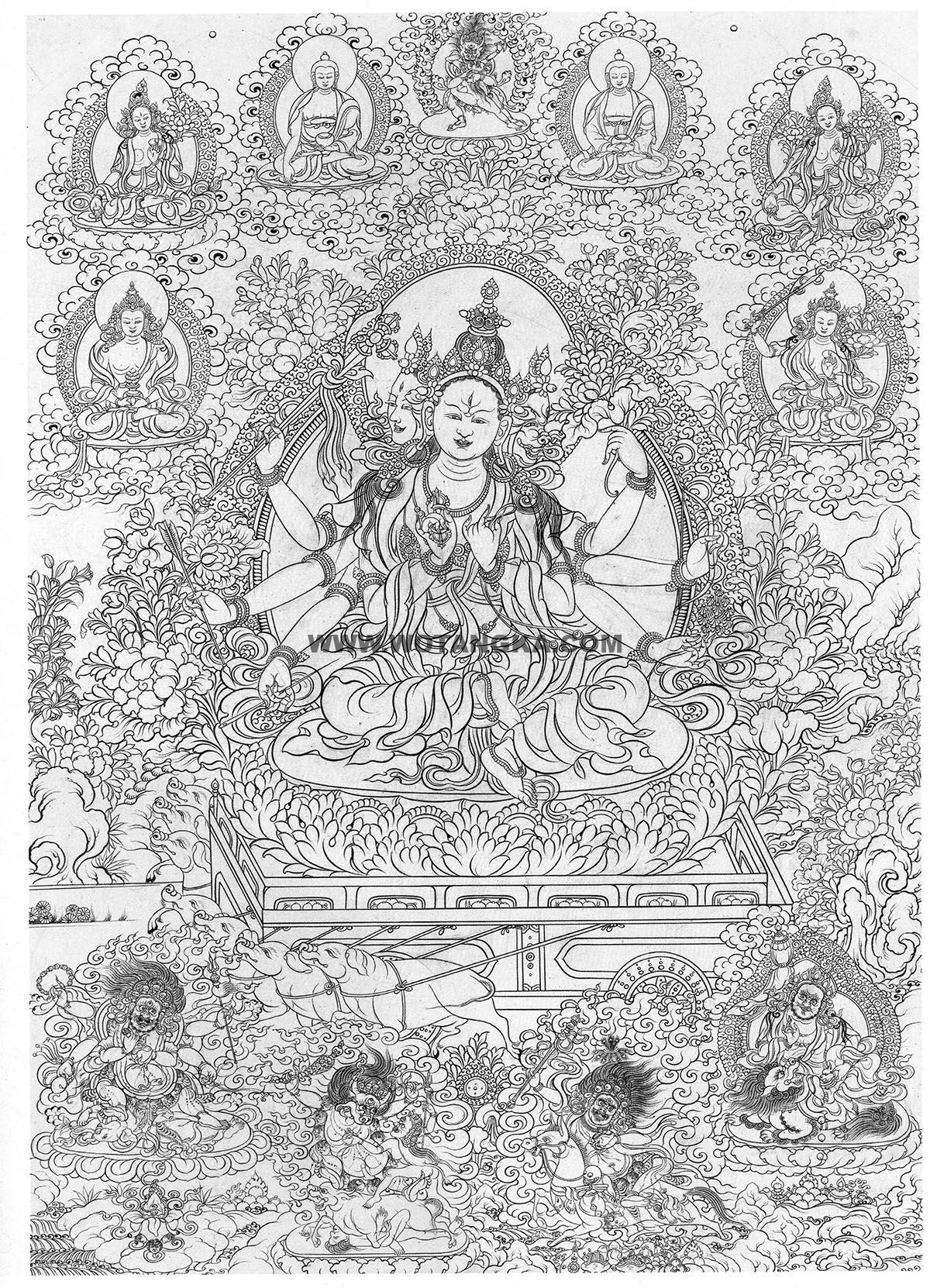 沃唐卡-唐卡白描线稿编号RD95283：光明佛母·摩利支天
