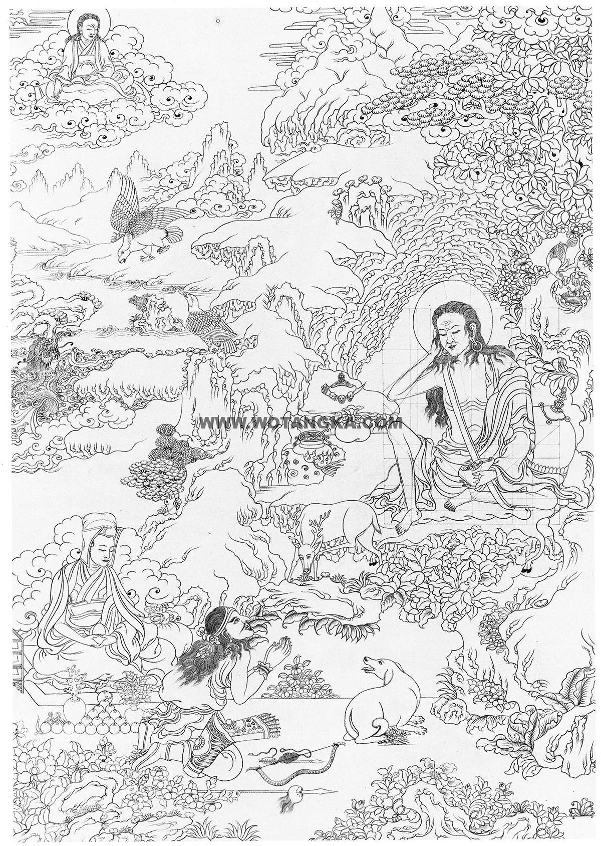 沃唐卡-唐卡白描线稿编号RD98428：米拉日巴