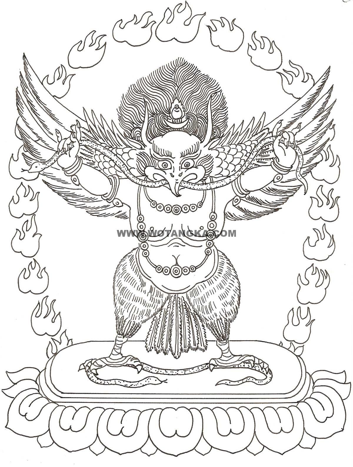 沃唐卡-唐卡白描线稿编号RD98695：金刚黑鹏九众