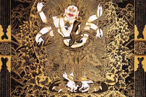编号138-646279：黑金唐卡-白六臂玛哈嘎拉·五方财神（76*51CM左右）
