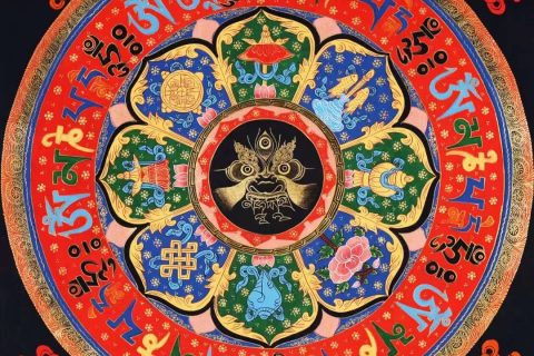 编号138-394494：彩绘唐卡-六字真言坛城（70*70CM左右）