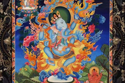 编号138-453324：彩绘唐卡-象鼻财神（71*56CM左右）