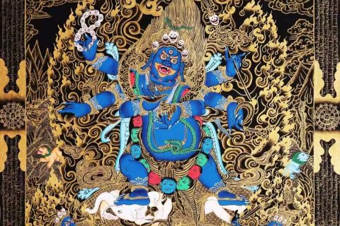 编号138-716529：黑金唐卡-黑六臂玛哈嘎拉（76*51CM左右）