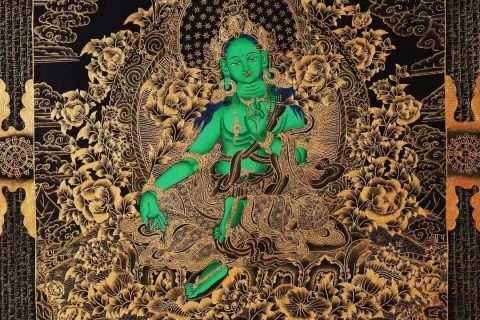 编号138-902802：黑金唐卡-绿度母（76*51CM左右）