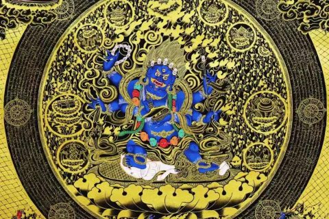 编号138-924979：黑金唐卡-黑六臂玛哈嘎拉（70*70CM左右）