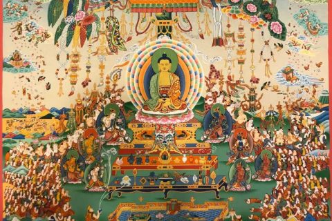 编号157-184243：彩绘唐卡-阿弥陀佛·极乐净土（150*100CM左右）