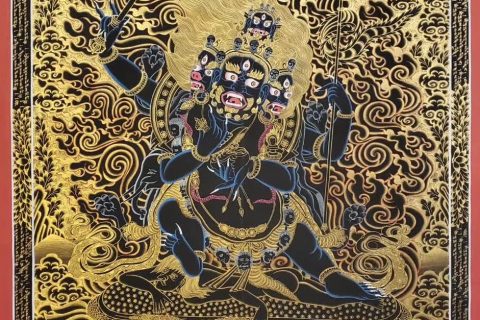 编号157-265656：黑金唐卡-四面四臂玛哈嘎拉（65*40CM左右）