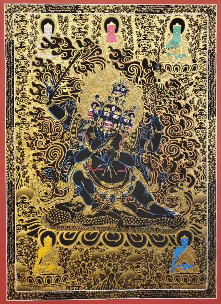 编号157-265656：黑金唐卡-四面四臂玛哈嘎拉（65*40CM左右）