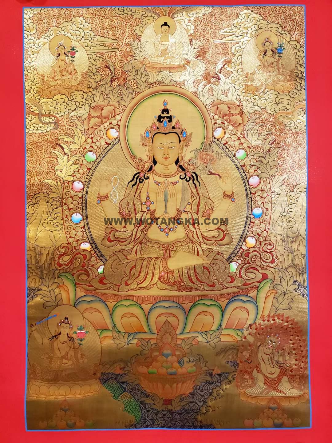 编号157-631961：黄金唐卡-四臂观音·三怙主（85*60CM左右）