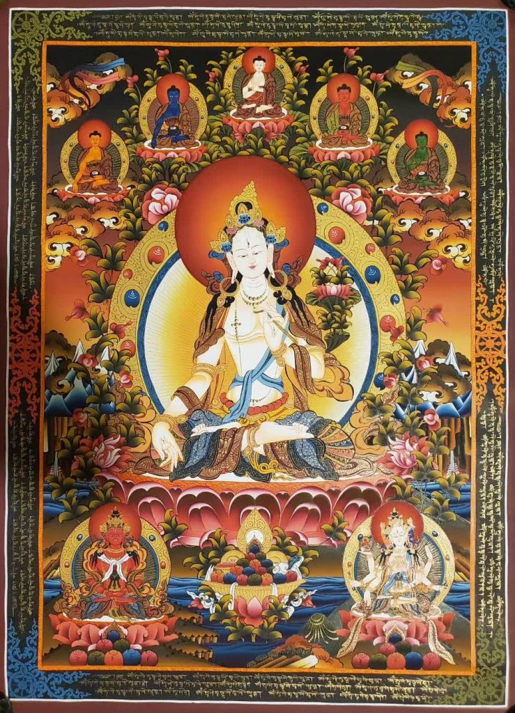 编号157-700009：彩绘唐卡-白度母·长寿三尊（100*70CM左右）