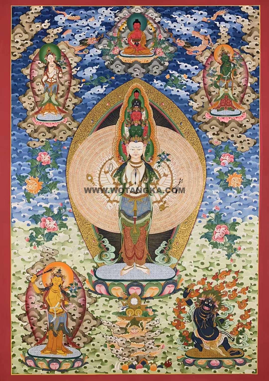 编号157-989441:彩绘唐卡-千手观音·三怙主(95*65CM左右)