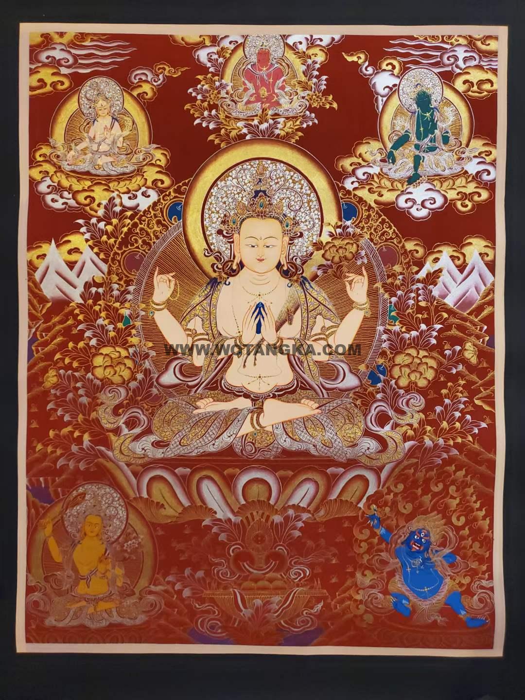 编号160-121772：红金唐卡-四臂观音·三怙主（100*70CM左右）