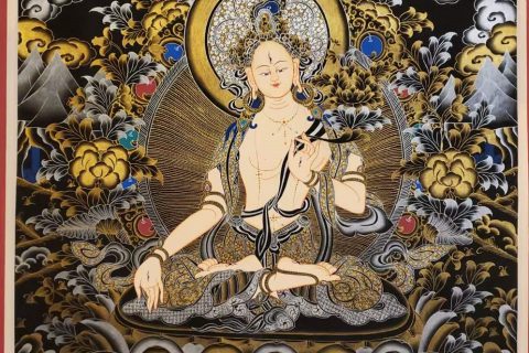编号160-156413：黑金唐卡-白度母·长寿三尊（100*70CM左右）