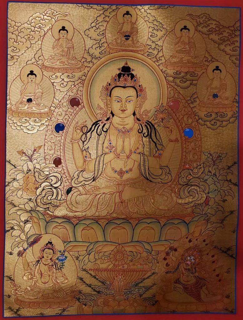 编号160-161060：黄金唐卡-四臂观音·三怙主（55*40CM左右）