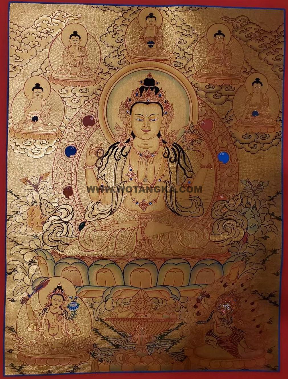 编号160-161060：黄金唐卡-四臂观音·三怙主（55*40CM左右）