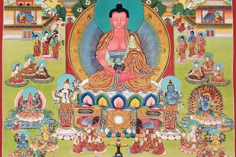 编号160-511459：彩绘唐卡-阿弥陀佛·极乐世界（120*90CM左右）