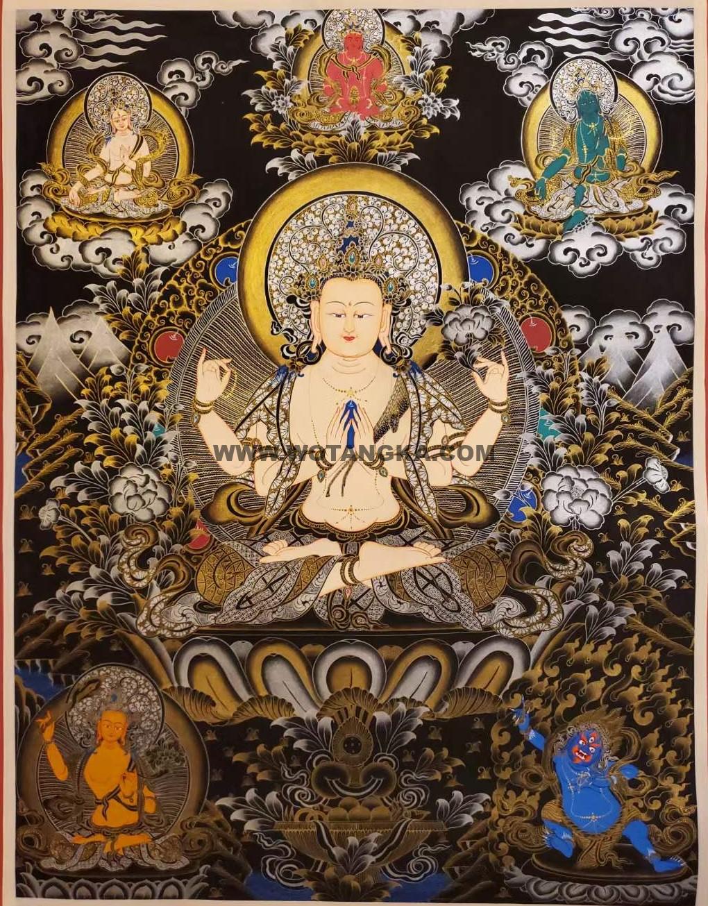 编号160-655770：彩绘唐卡-四臂观音·三怙主（80*60CM左右）