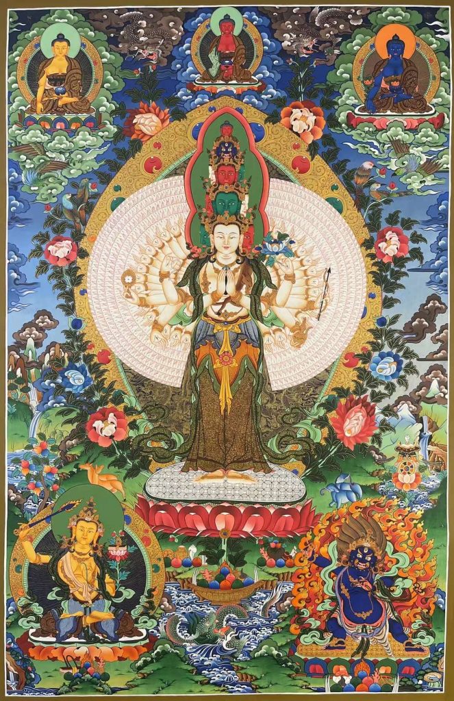 编号171-261341：彩绘唐卡-千手观音·三怙主（100*65CM左右）