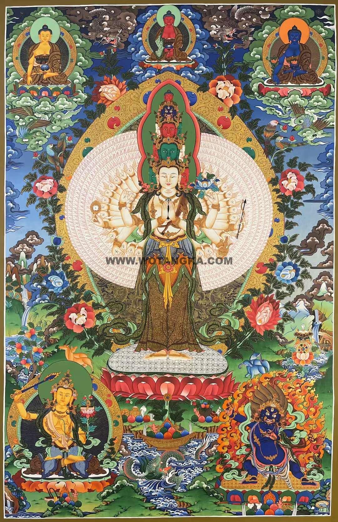 编号171-261341:彩绘唐卡-千手观音·三怙主(100*65CM左右)