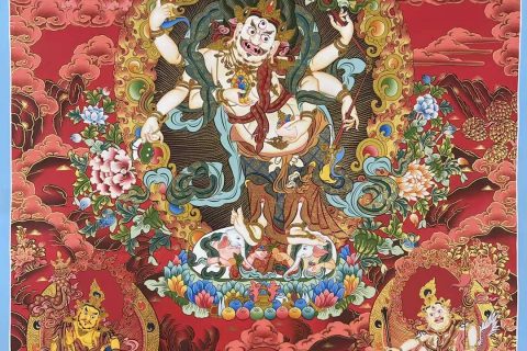 编号171-680668：红金唐卡-白六臂玛哈嘎拉·五方财神（80*55CM左右）