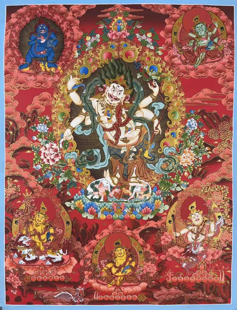编号171-680668：红金唐卡-白六臂玛哈嘎拉·五方财神（80*55CM左右）