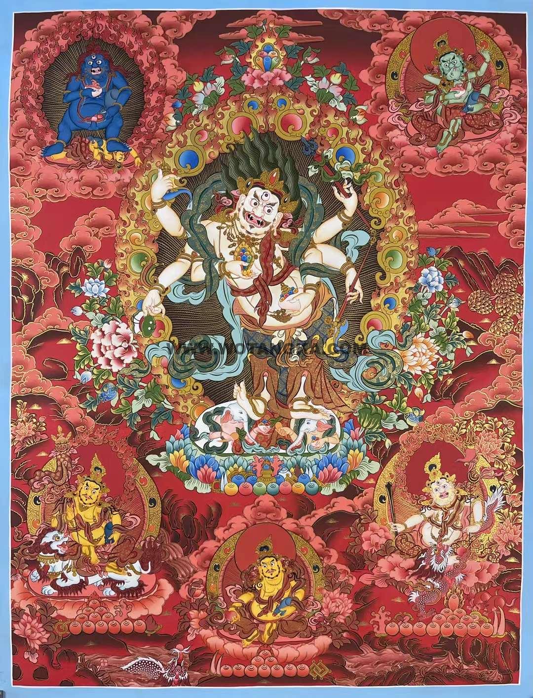 编号171-680668:红金唐卡-白六臂玛哈嘎拉·五方财神(80*55CM左右)