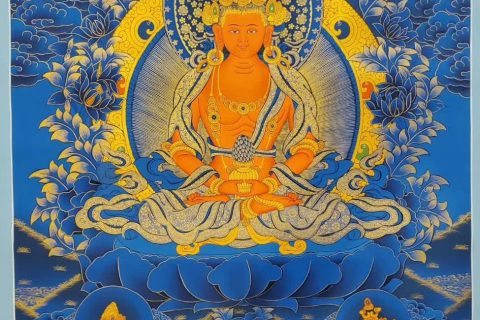 编号172-913763：蓝金唐卡-长寿佛·长寿三尊（75*50CM左右）