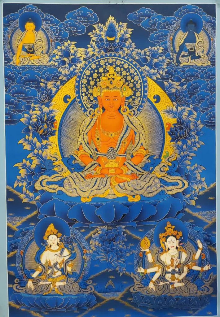 编号172-913763：蓝金唐卡-长寿佛·长寿三尊（75*50CM左右）