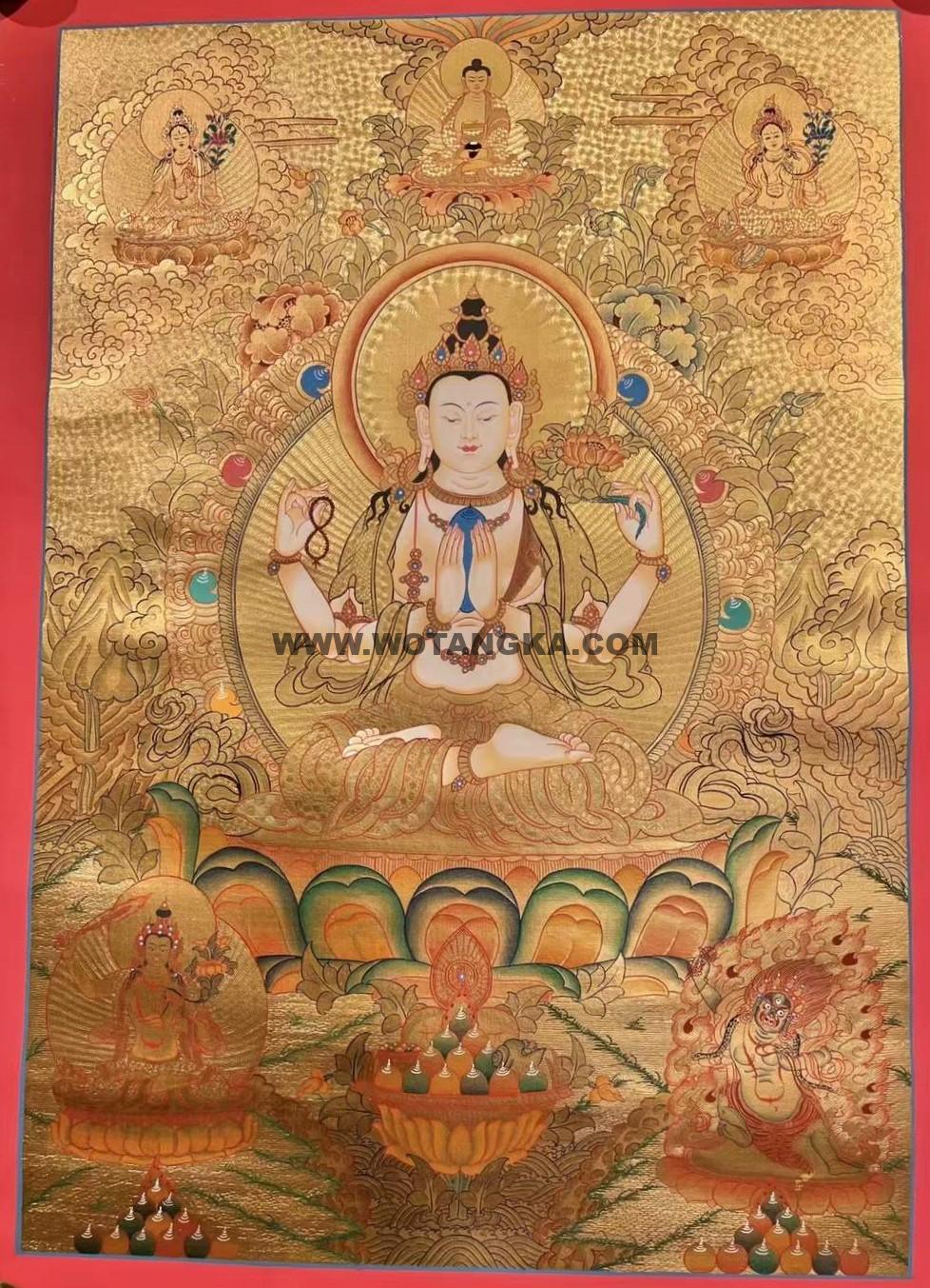 编号182-531390:黄金唐卡-四臂观音·三怙主(75*50CM左右)