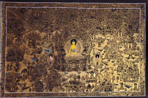 编号182-746813：黑金唐卡-释迦牟尼佛·佛本身故事图（90*185CM左右）