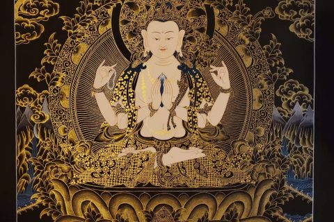 编号182-759008：黑金唐卡-四臂观音（60*45CM左右）