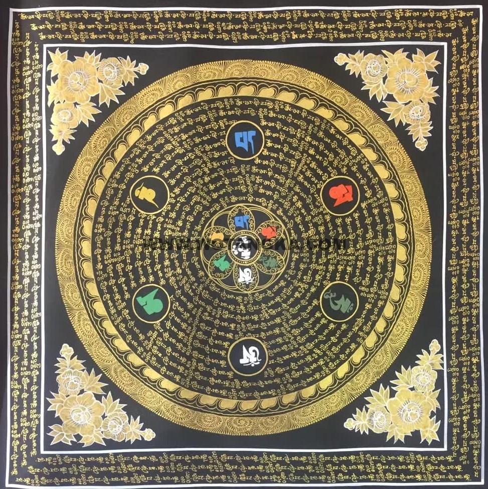 编号191-903590：黑金唐卡-六字真言坛城（100*100CM左右）