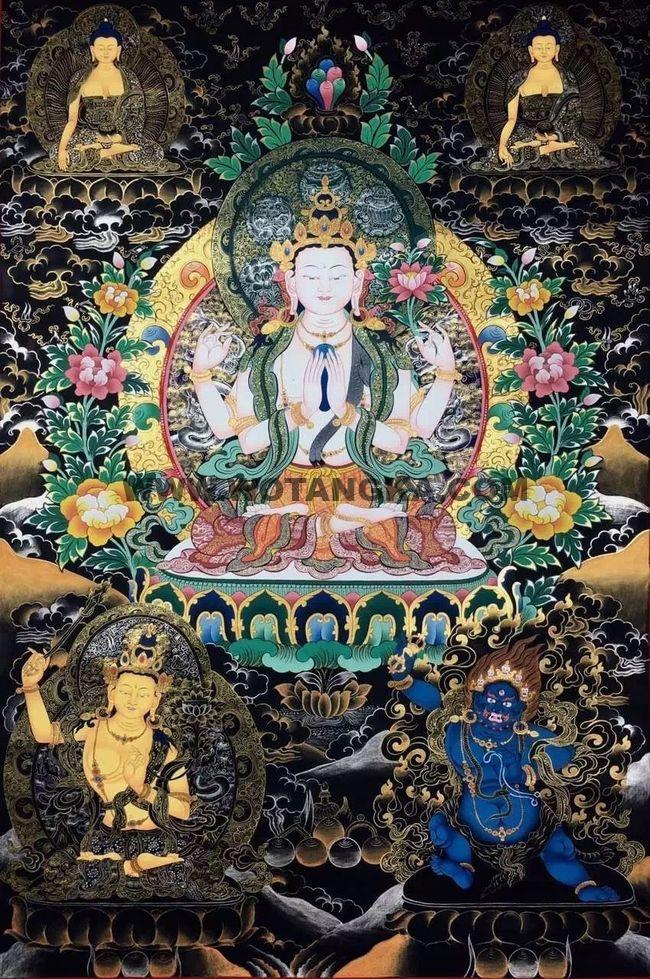 沃唐卡编号AC80377：四臂观音·三怙主