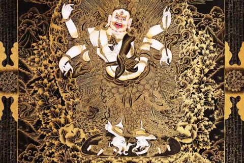 编号138-263432：黑金唐卡-白六臂玛哈嘎拉·五方财神（76*51CM左右）