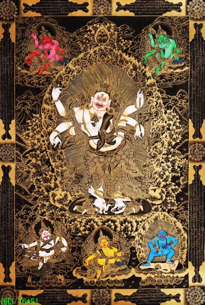 编号138-263432：黑金唐卡-白六臂玛哈嘎拉·五方财神（76*51CM左右）