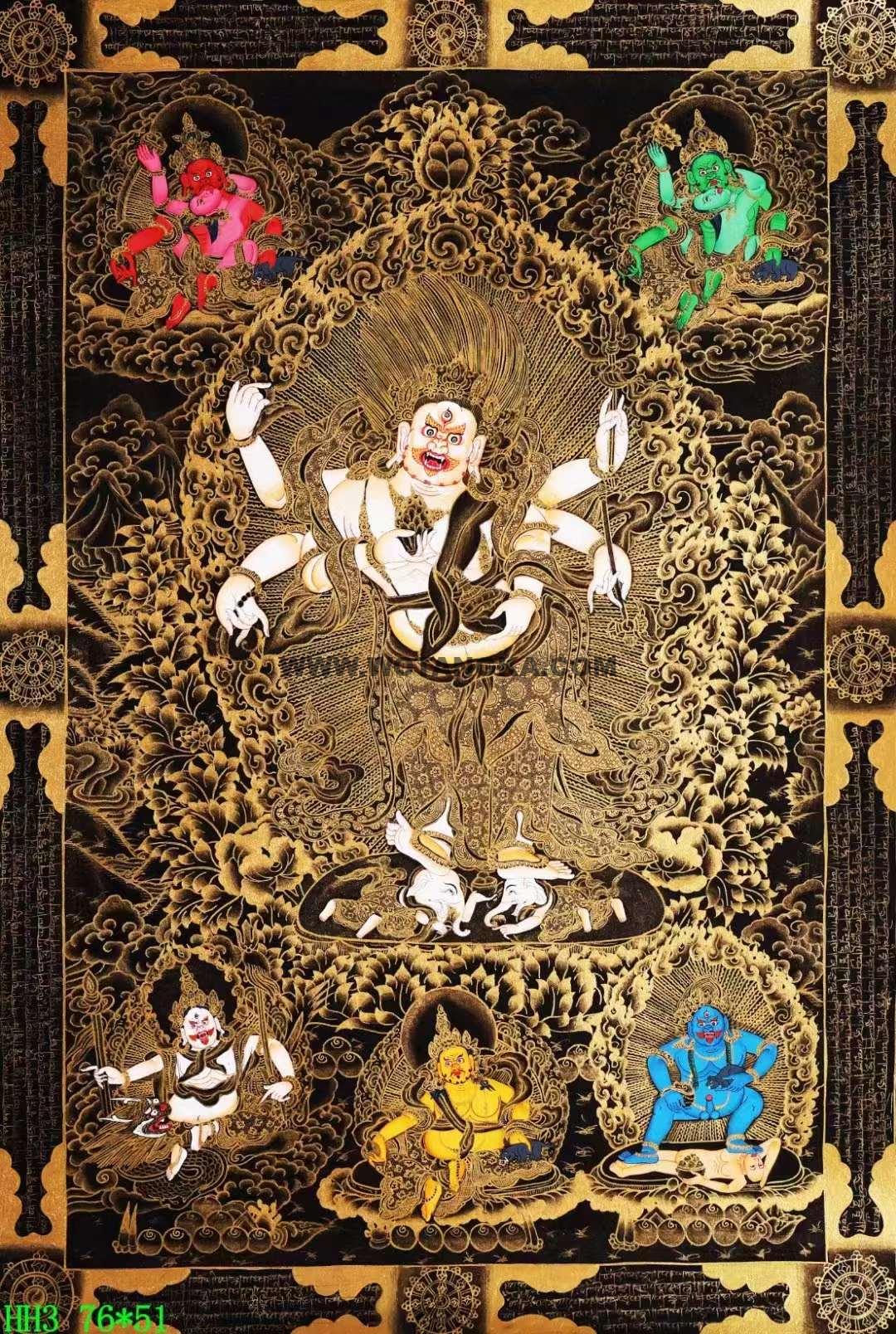 编号138-263432:黑金唐卡-白六臂玛哈嘎拉·五方财神(76*51CM左右)