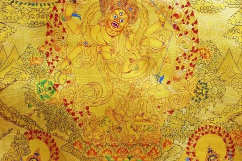 编号138-270740：黄金唐卡-白六臂玛哈嘎拉·五方财神（76*50CM左右）