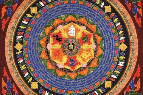 编号138-338458：彩绘唐卡-六字真言坛城（70*70CM左右）