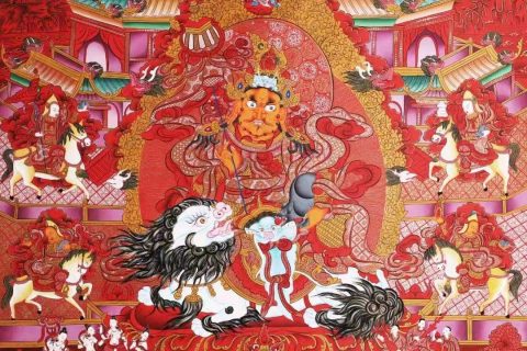 编号138-626323：红金唐卡-八马财神（100*73CM左右）